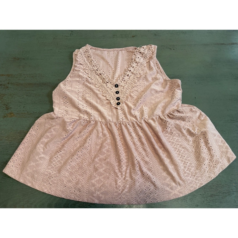 Greathe Curve Pink Eyelet Lace Peplum Tank Top V-Neck Crochet Trim 1XL